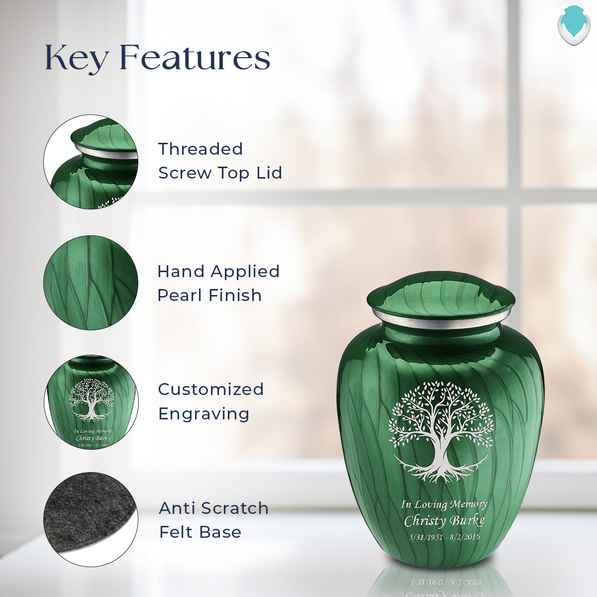 Medium Embrace Pearl Green Tree of Life Cremation Urn