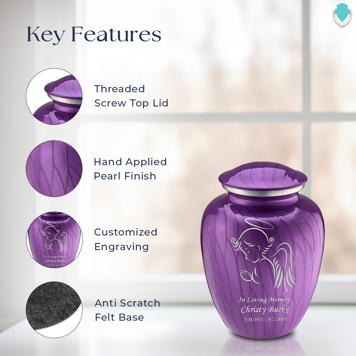 Medium Embrace Pearl Purple Angel Cremation Urn