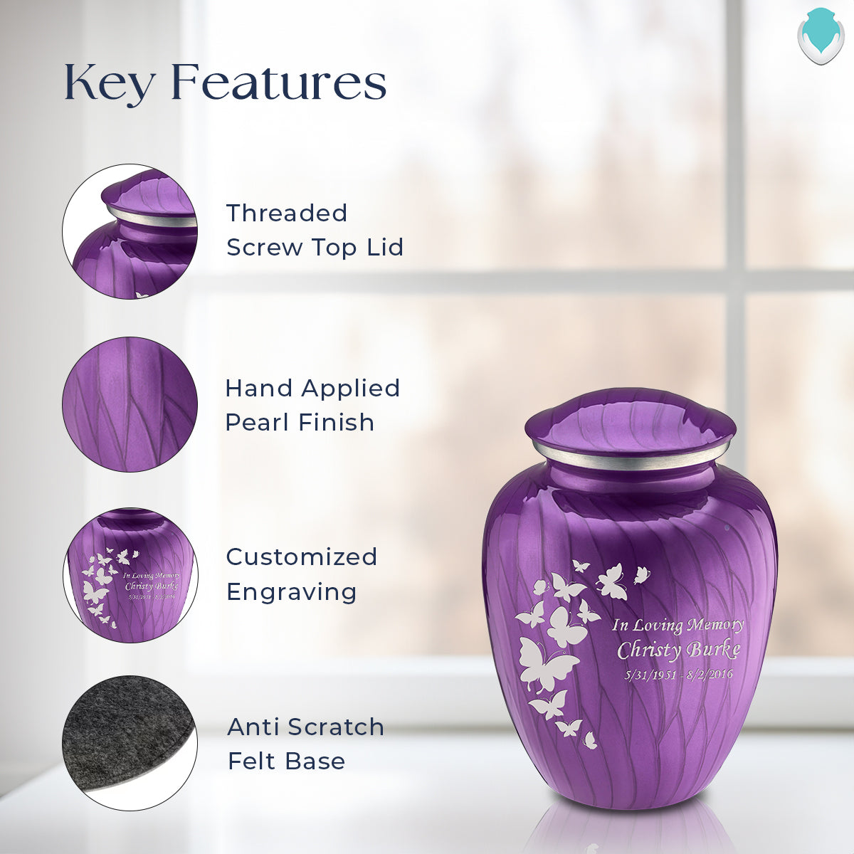Medium Embrace Pearl Purple Butterfly Cremation Urn
