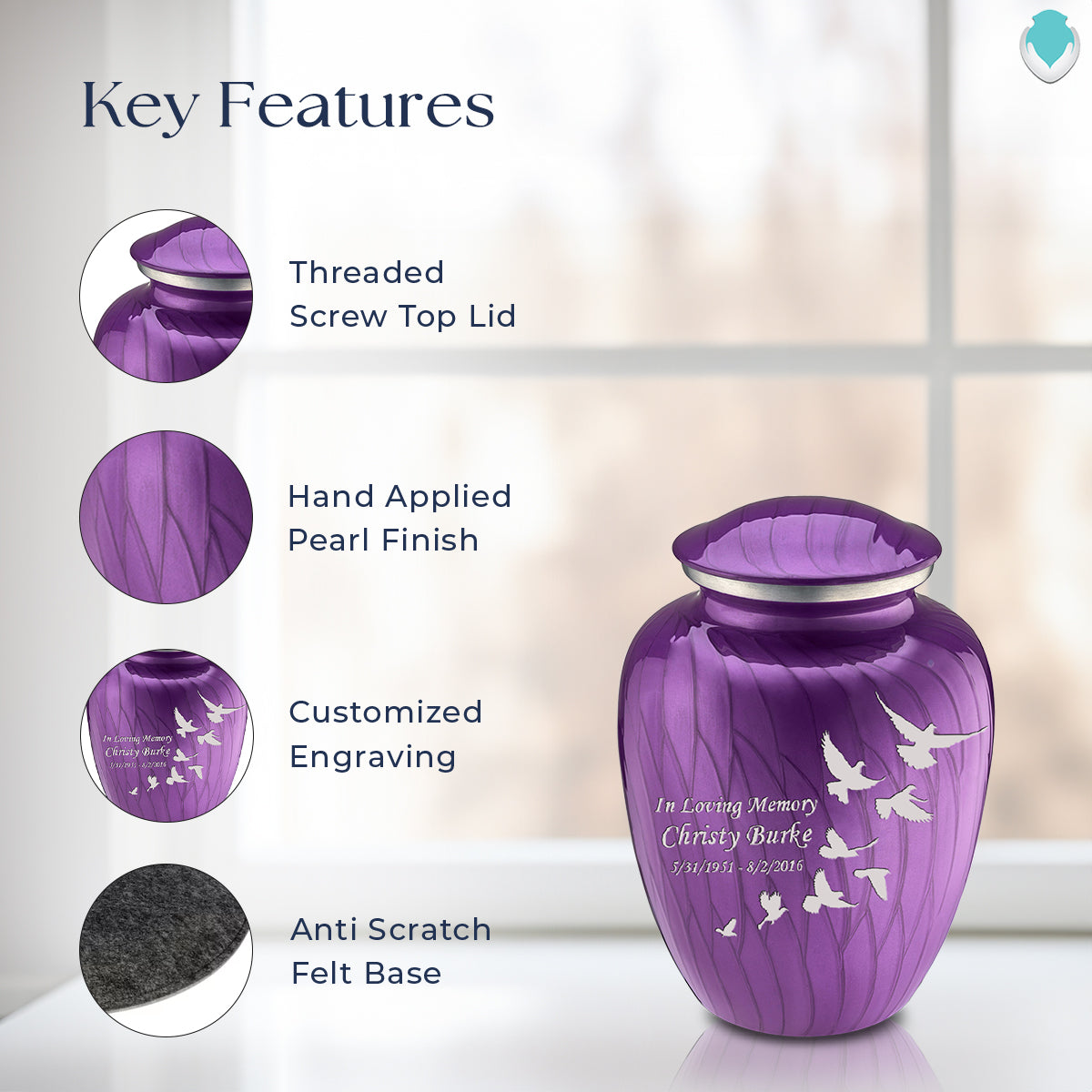 Medium Embrace Pearl Purple Doves Cremation Urn