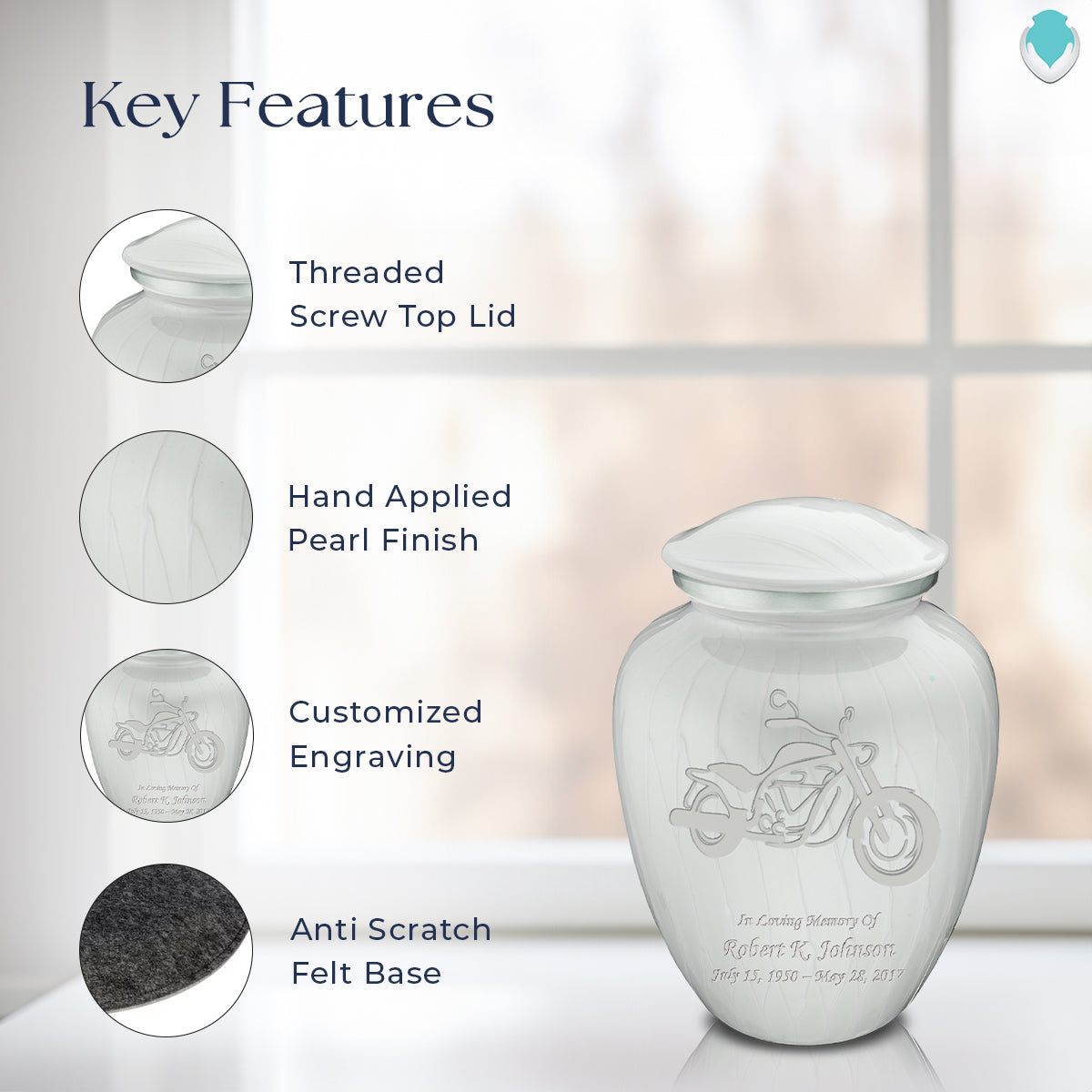 Medium Embrace Pearl White Motorcycle Cremation Urn