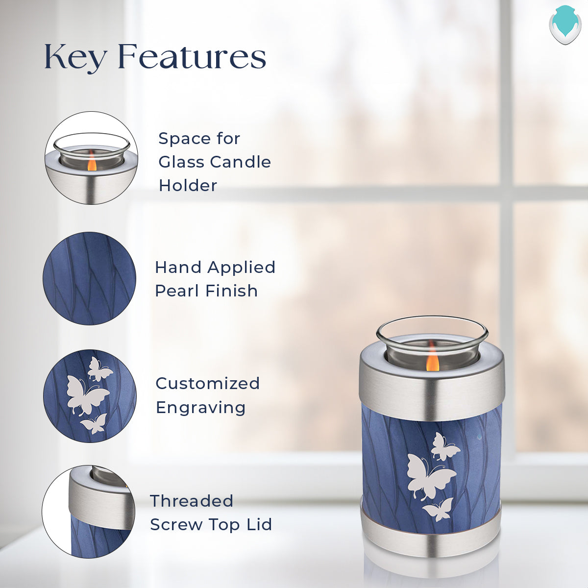 Candle Holder Embrace Pearl Cobalt Blue Butterfly Cremation Urn