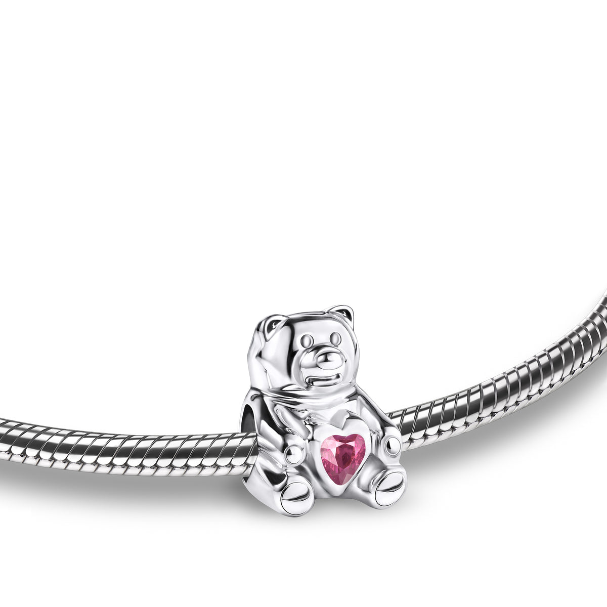 Teddy Bear with Pink Crystal Sterling Silver Cremation Bracelet Bead