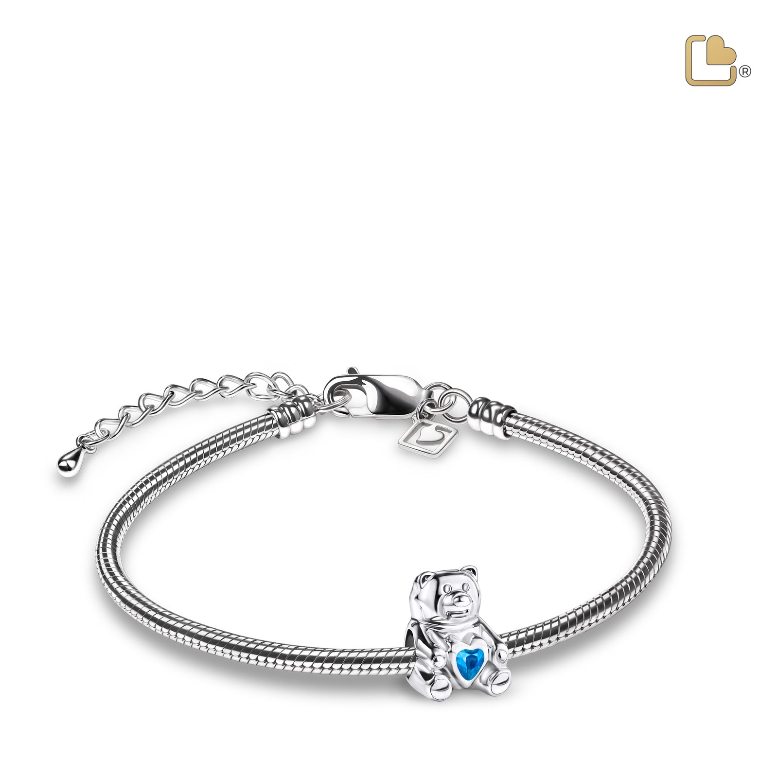 Teddy Bear with Blue Crystal Sterling Silver Cremation Bracelet Bead