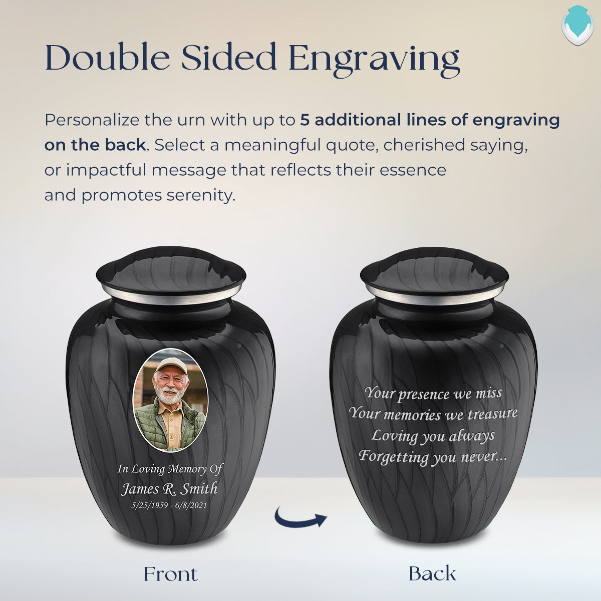 Adult Embrace Pearl Black Portrait Cremation Urn