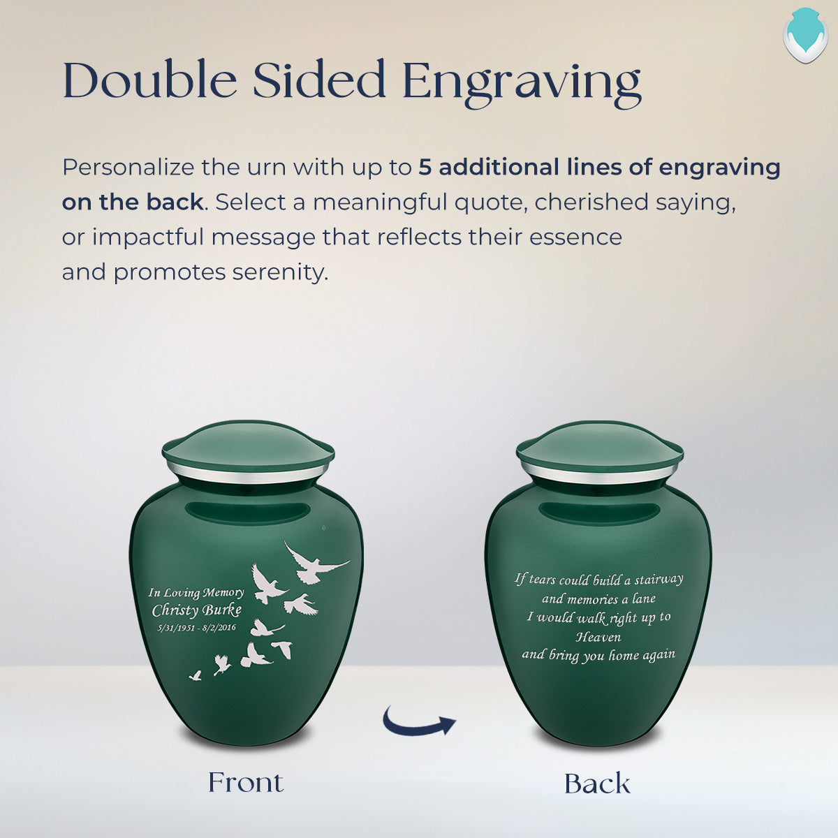 Medium Embrace Green Doves Cremation Urn
