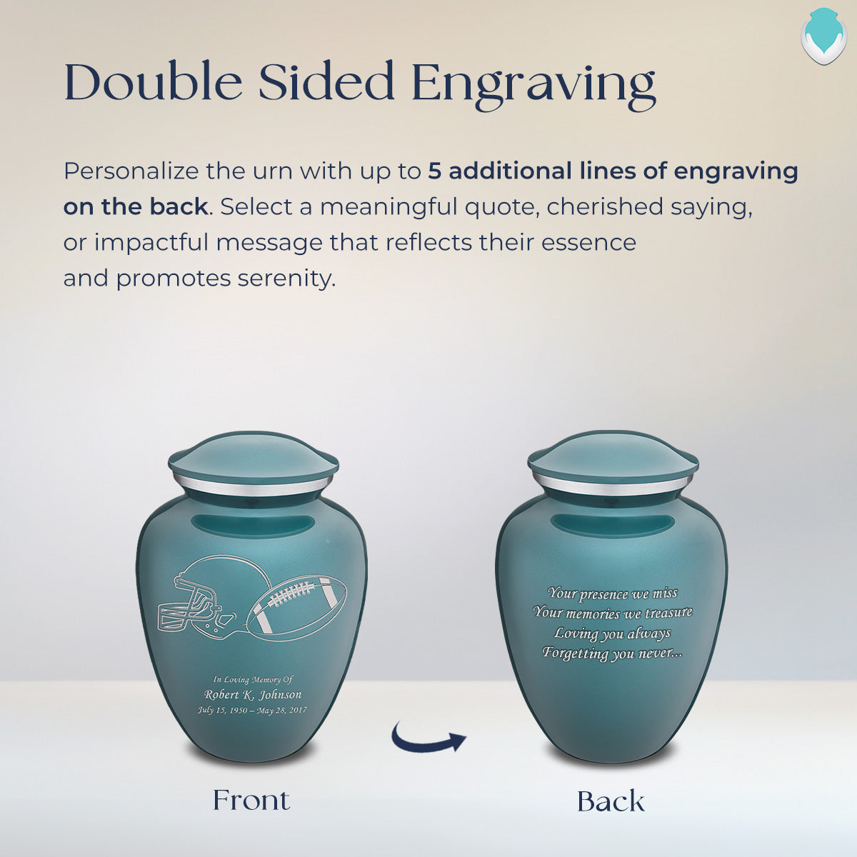 Medium Embrace Teal Football Cremation Urn