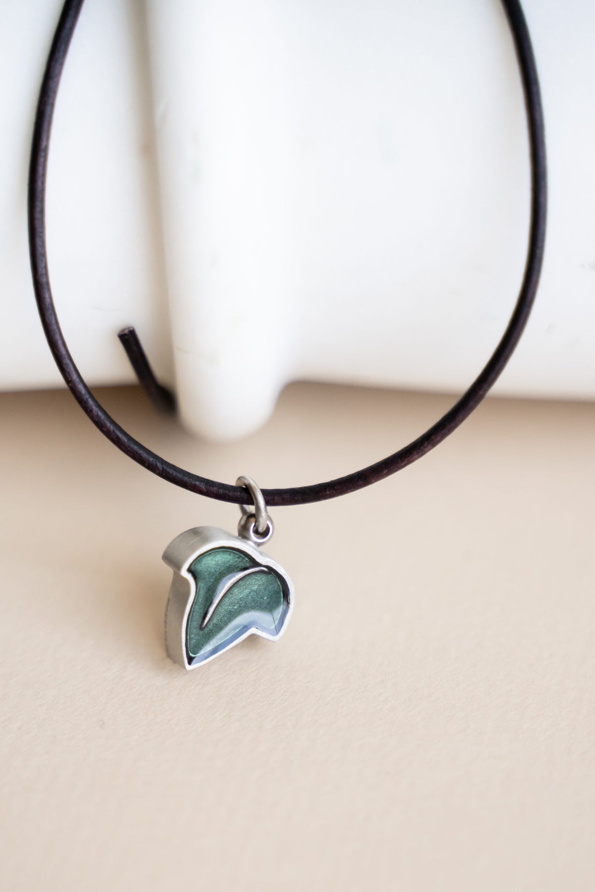 Pewter Leaf Pendant w/ Green Enamel Cremation Jewelry