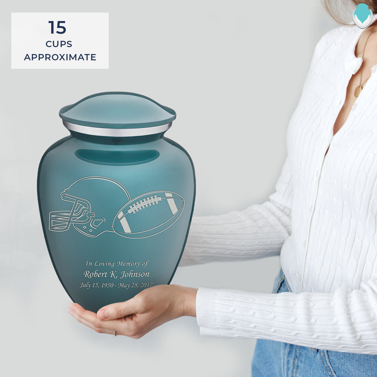 Adult Embrace Teal Football Cremation Urn