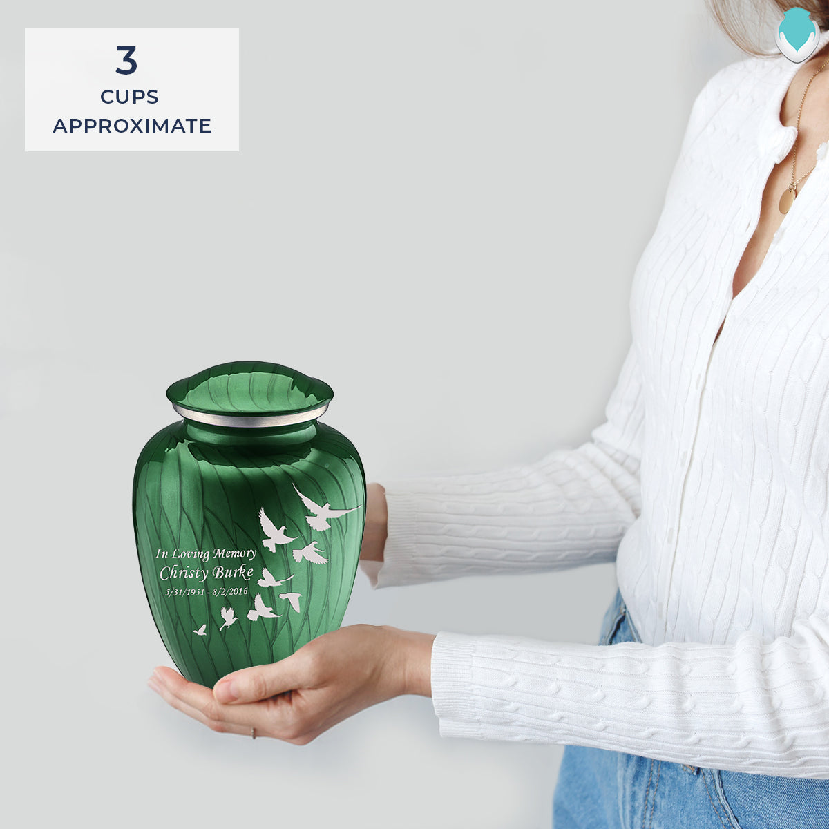 Medium Embrace Pearl Green Doves Cremation Urn