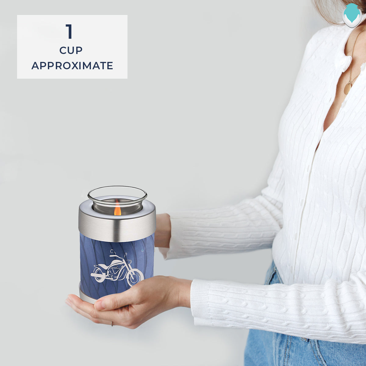 Candle Holder Embrace Pearl Cobalt Blue Motorcycle Cremation Urn