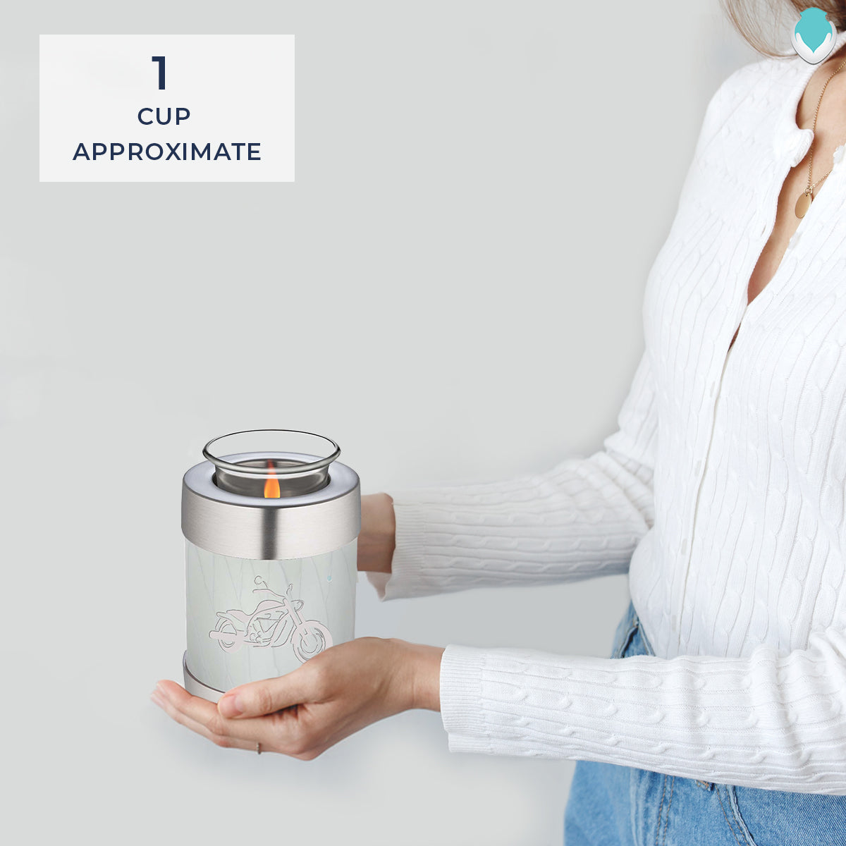 Candle Holder Embrace Pearl White Motorcycle Cremation Urn