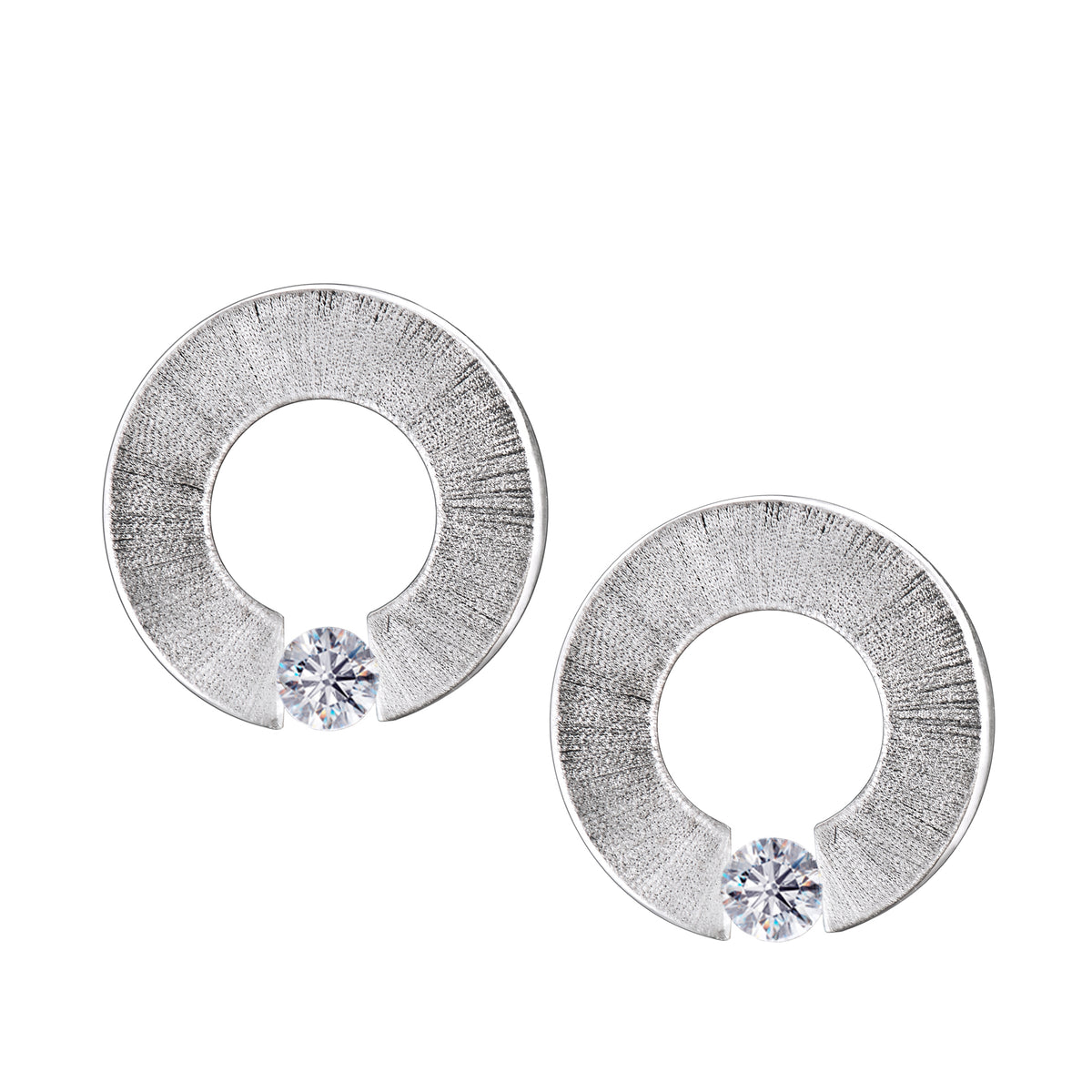 Omega Rhodium Plated Two Tone with Clear Crystal Sterling Silver Stud Earrings