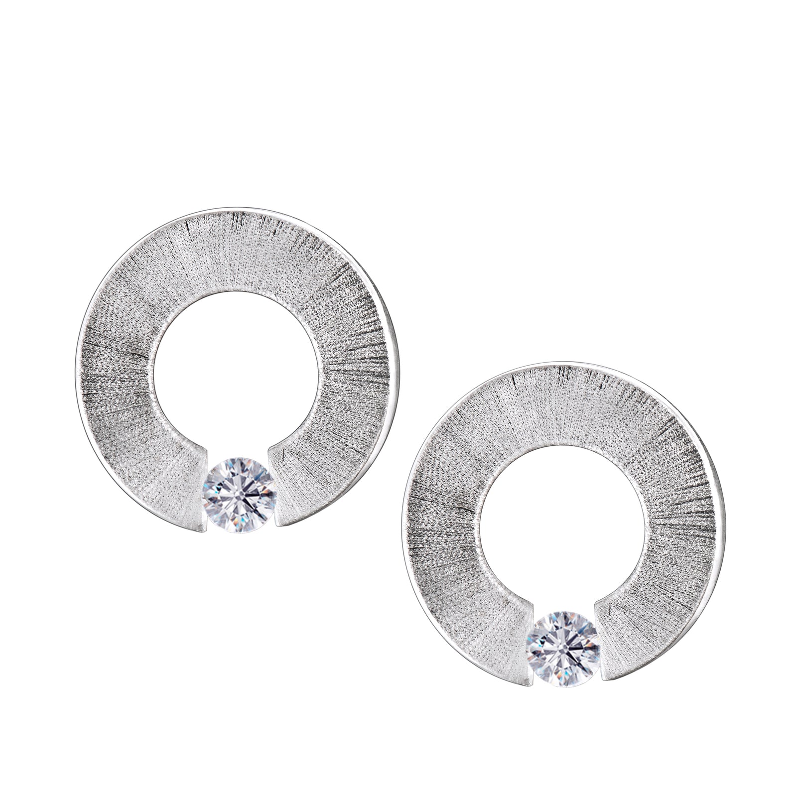 Omega Rhodium Plated Two Tone with Clear Crystal Sterling Silver Stud Earrings