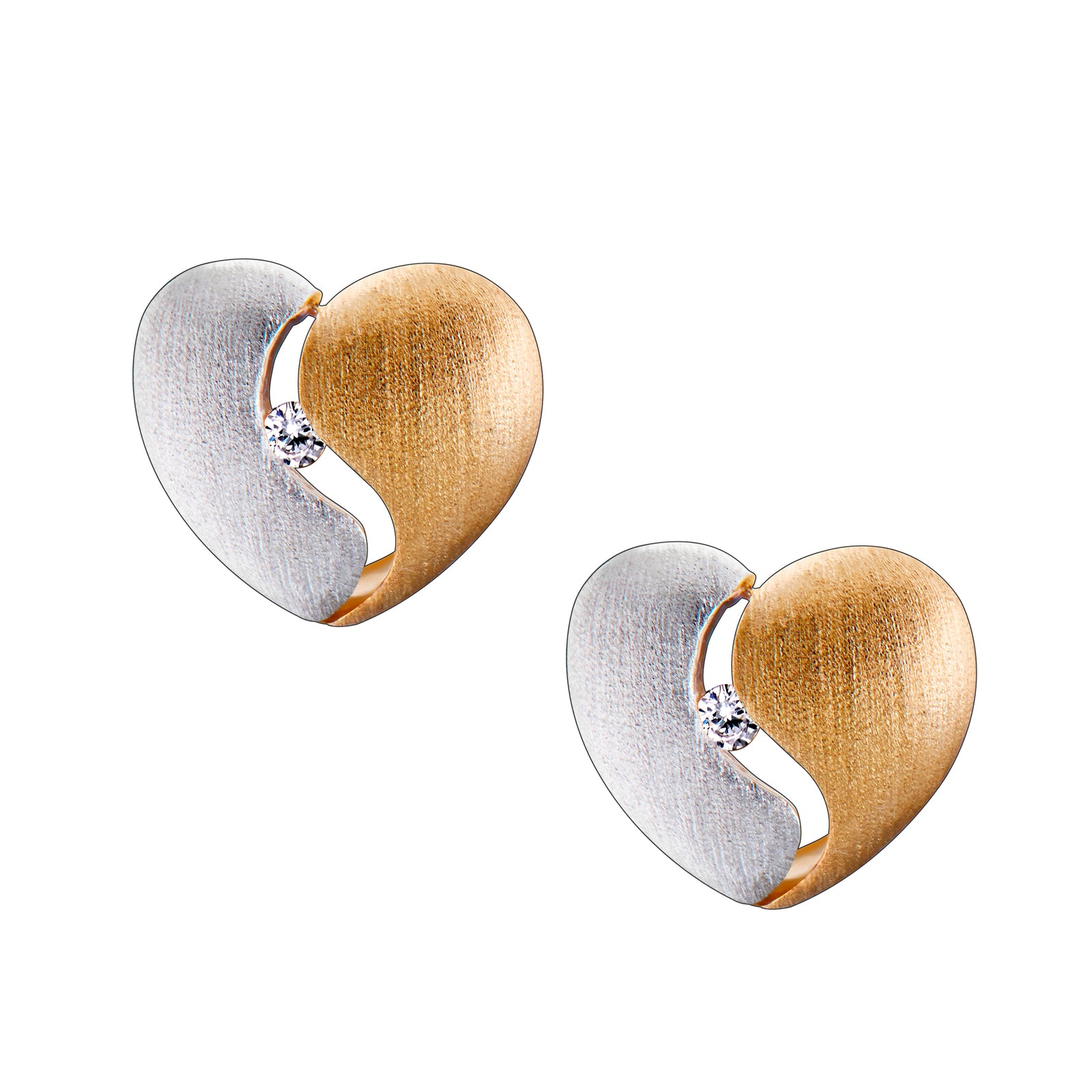 Heartfelt with Clear Crystal Gold Vermeil Two Tone Sterling Silver Stud Earrings