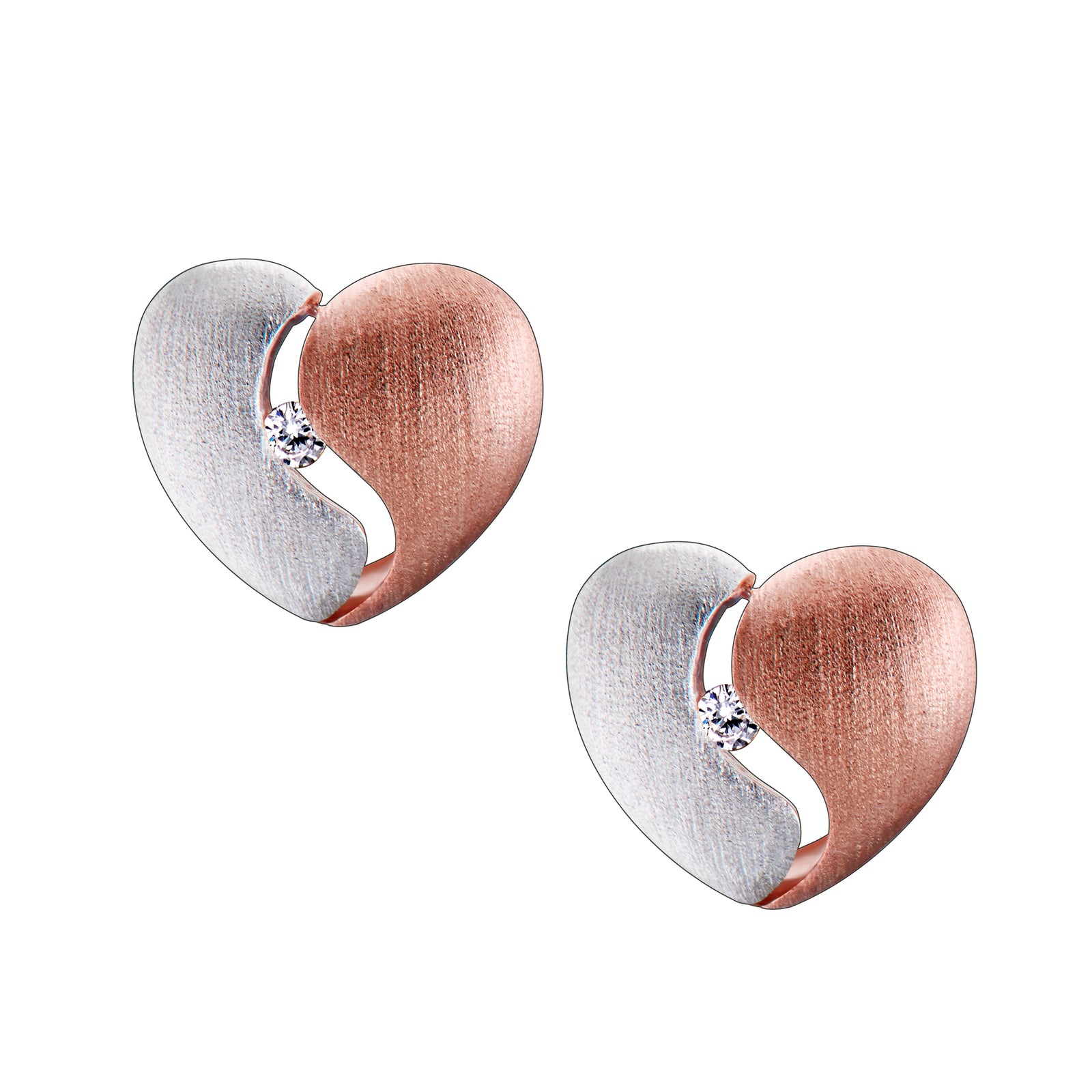 Heartfelt with Clear Crystal Rose Gold Vermeil Two Tone Sterling Silver Stud Earrings