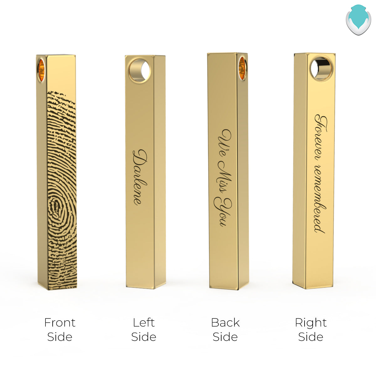 Four Side Engraved Memorial Fingerprint Gold Bar Pendant