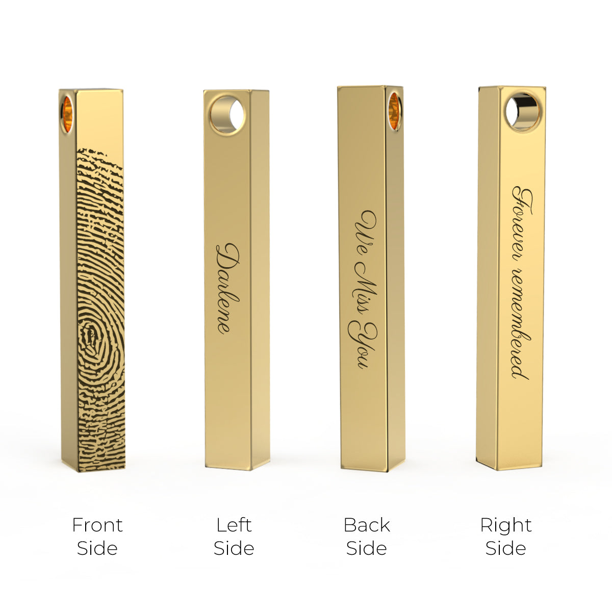 Four Side Engraved Memorial Fingerprint Gold Bar Pendant