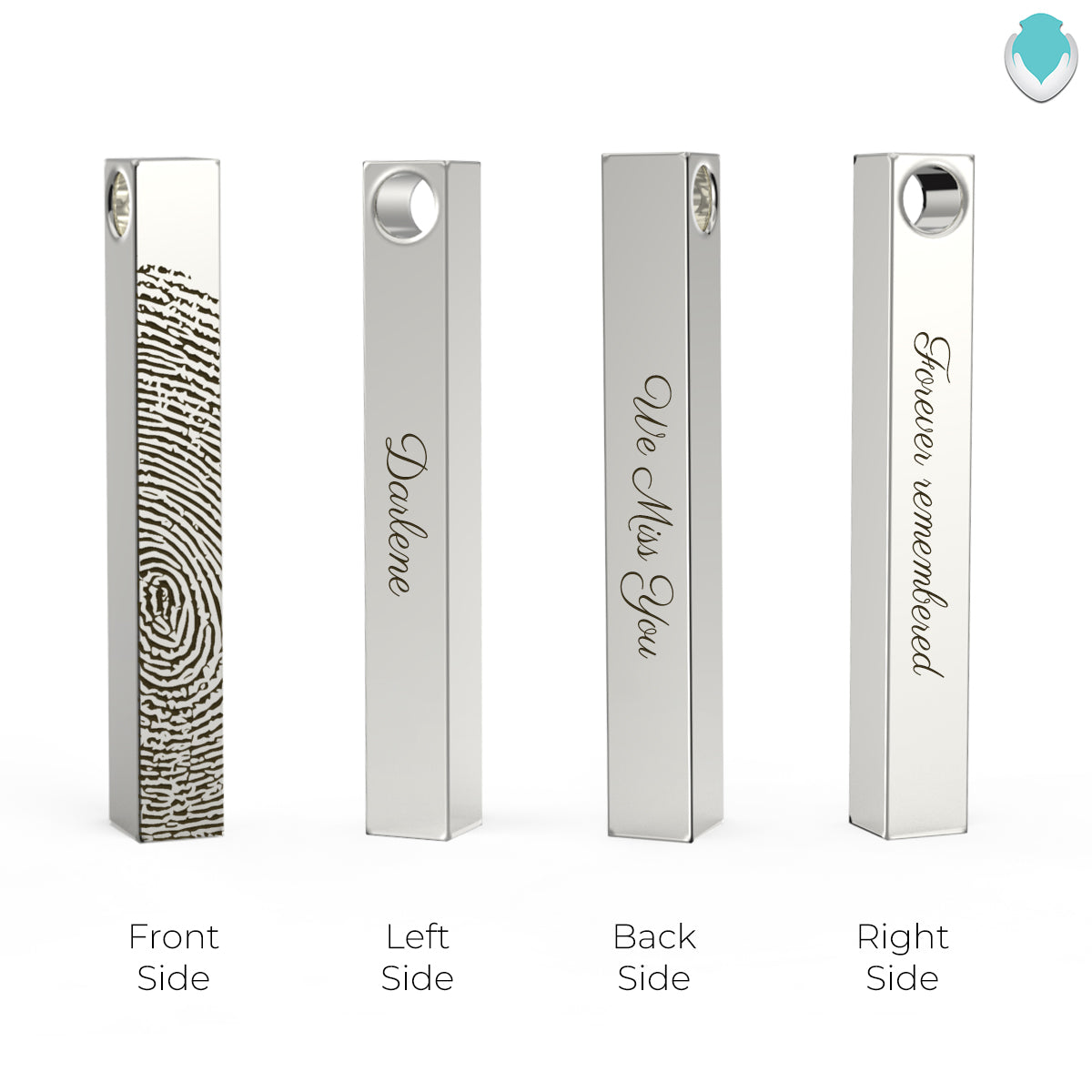 Four Side Engraved Fingerprint Memorial Silver Bar Pendant
