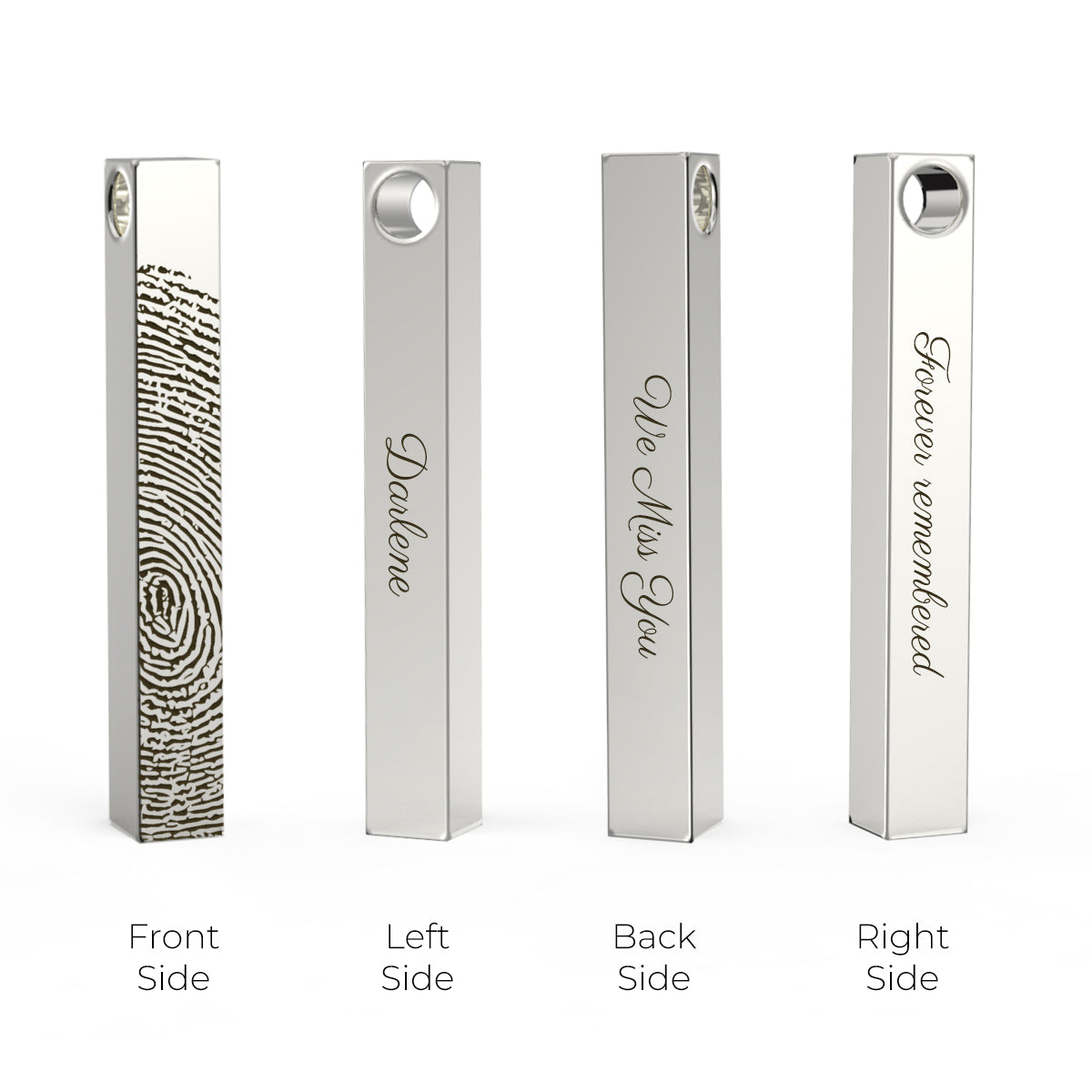Four Side Engraved Fingerprint Memorial Silver Bar Pendant