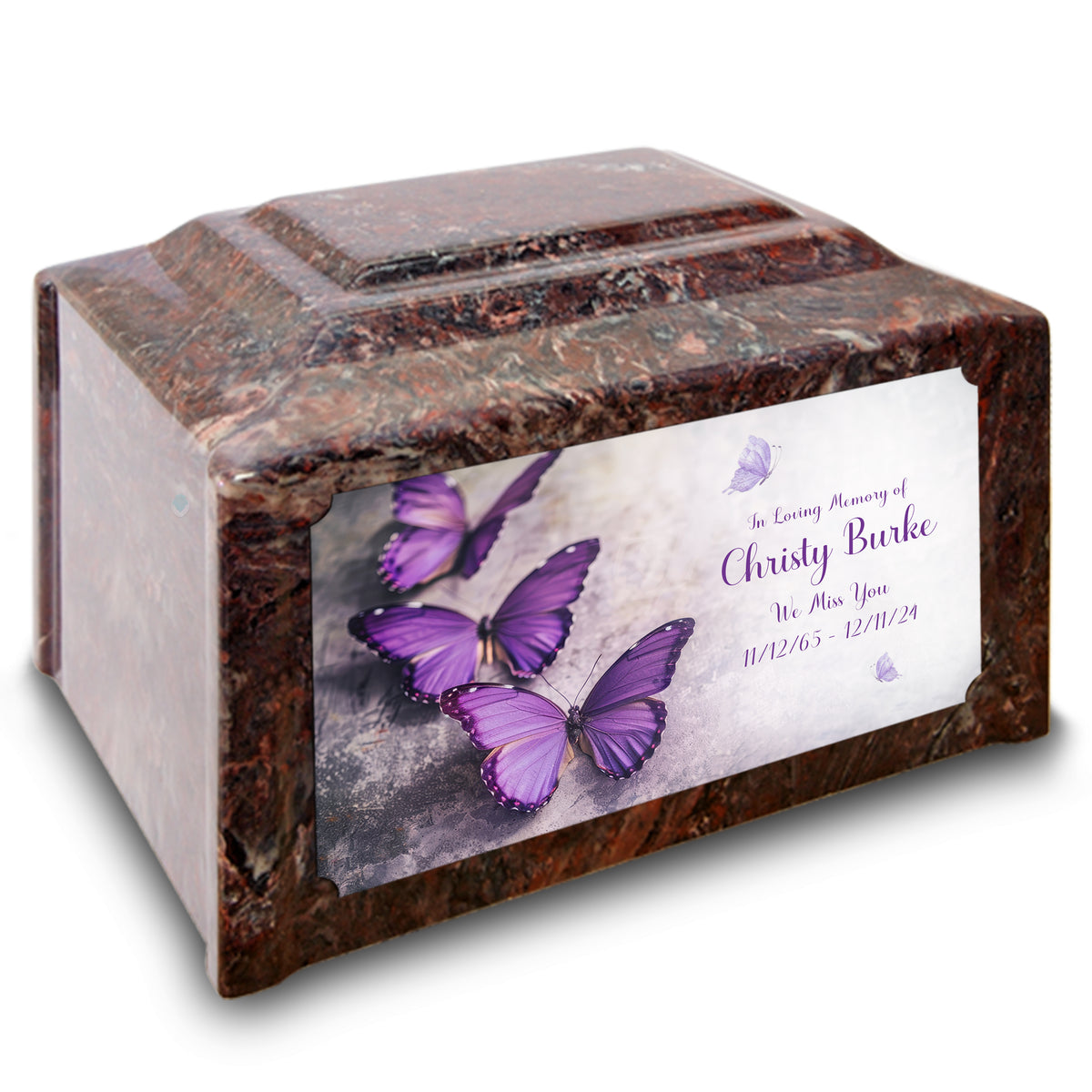 Adult Devotion Custom Printed Purple Butterfly Cultured Marble Urns for Ashes