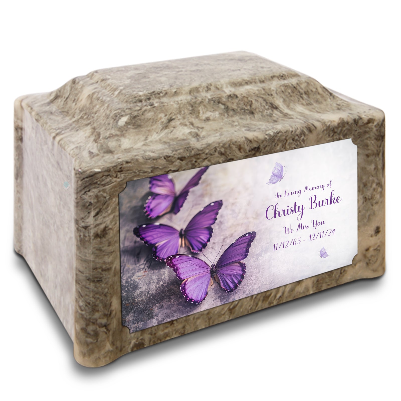 Adult Devotion Custom Printed Purple Butterfly Cultured Marble Urns for Ashes