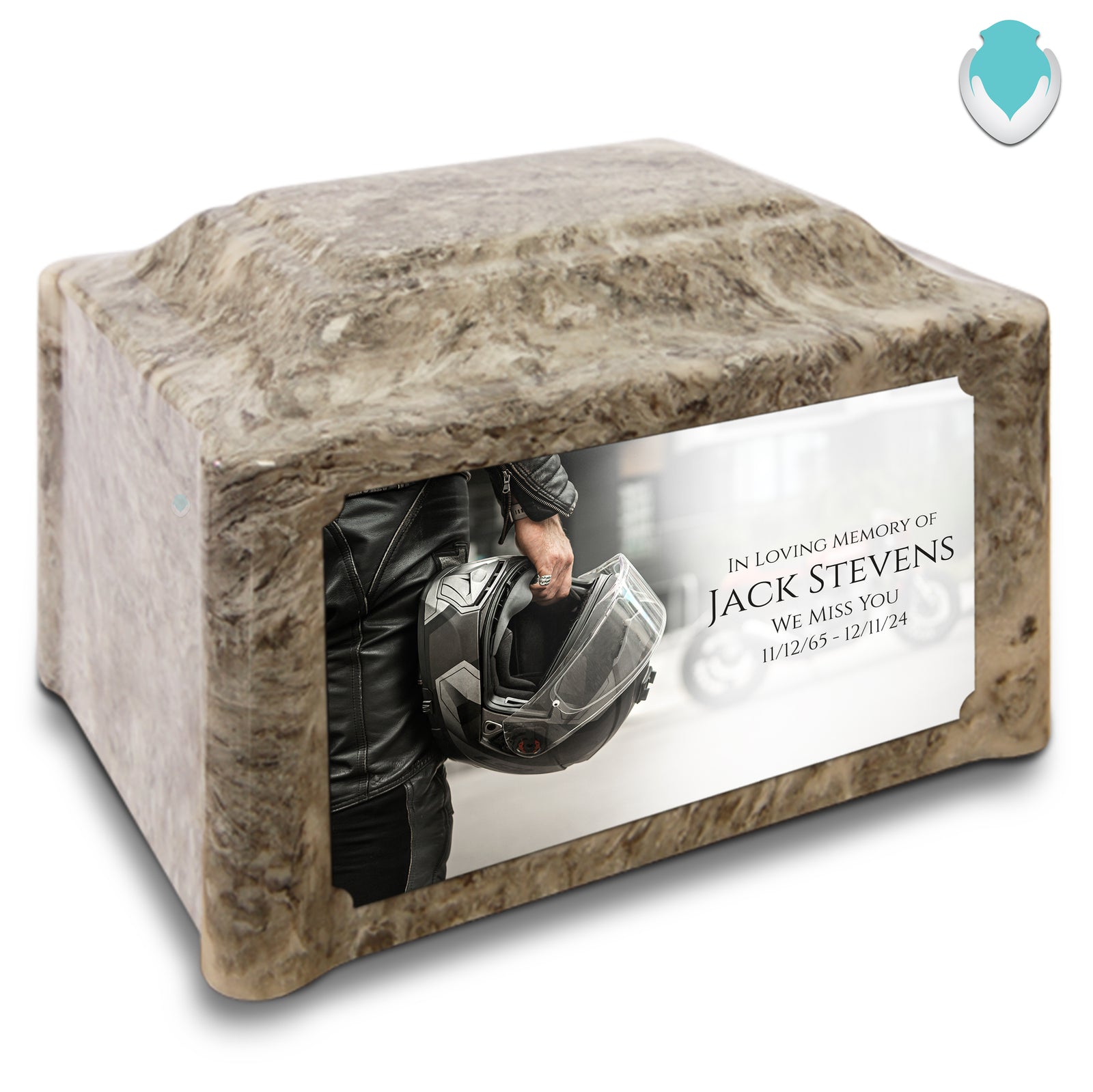 Adult Devotion Custom Printed Motorcycle Helmet Cultured Marble Urns for Ashes