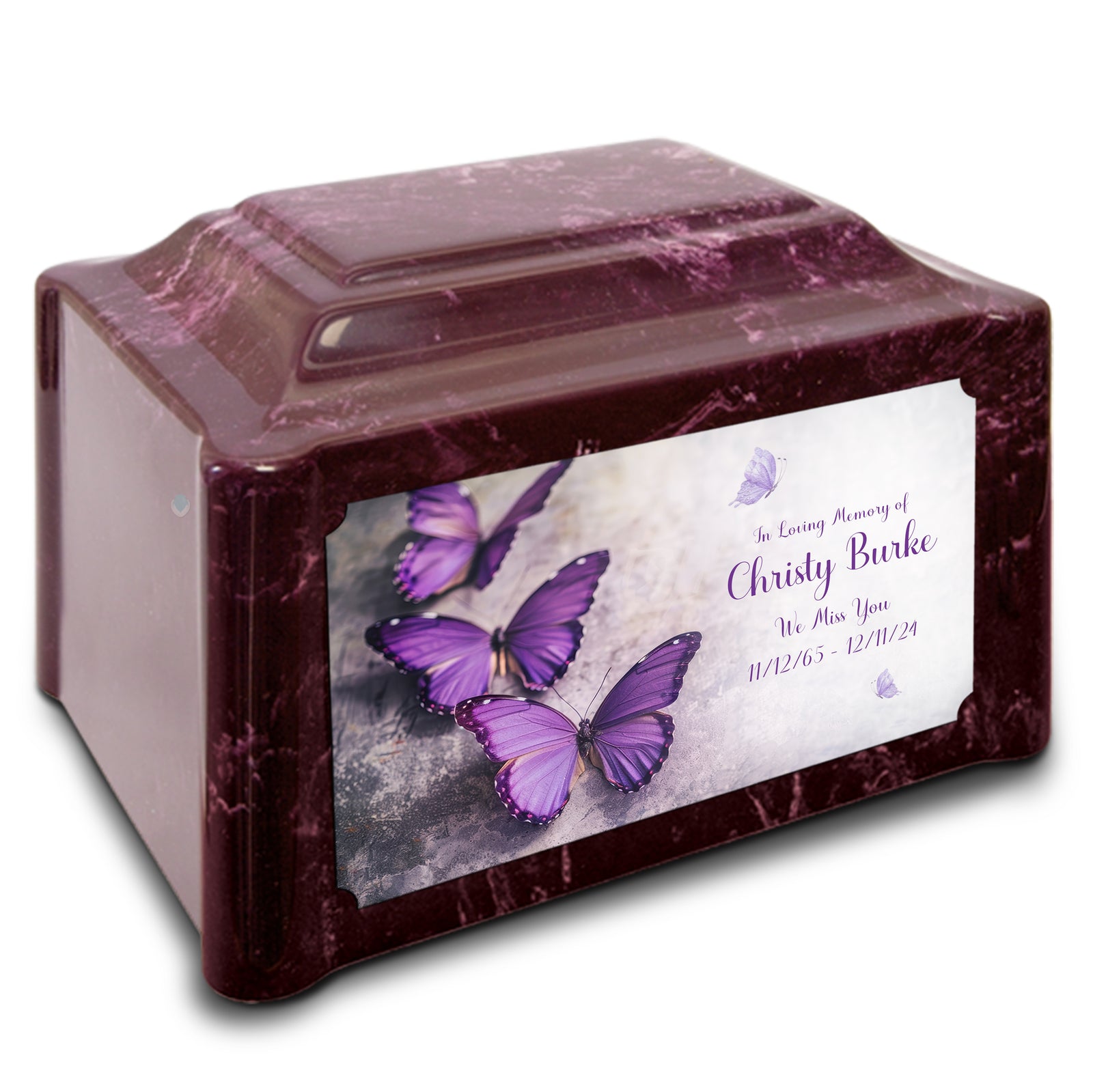 Adult Devotion Custom Printed Purple Butterfly Cultured Marble Urns for Ashes