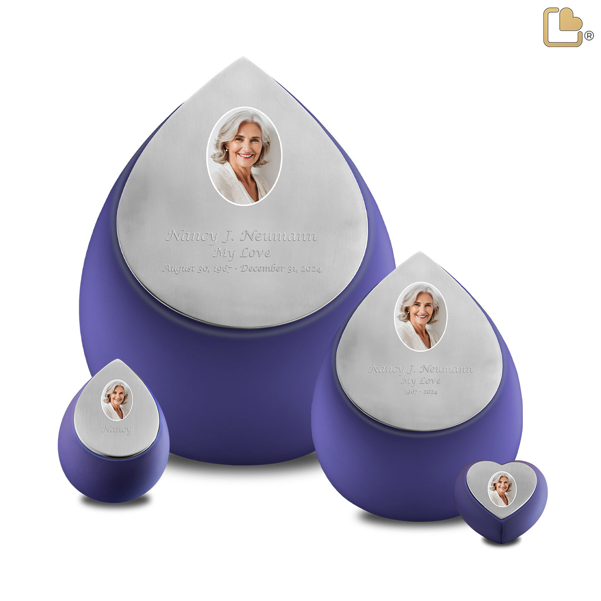 Drop Heart Keepsake Portrait Urn Navy & Brushed Pewter