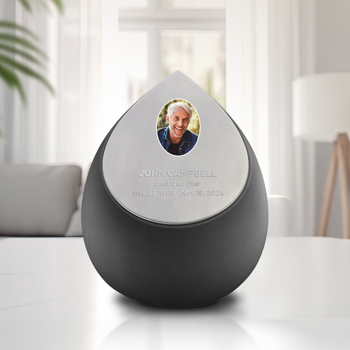Drop Standard Portrait Adult Urn Black & Brushed Pewter