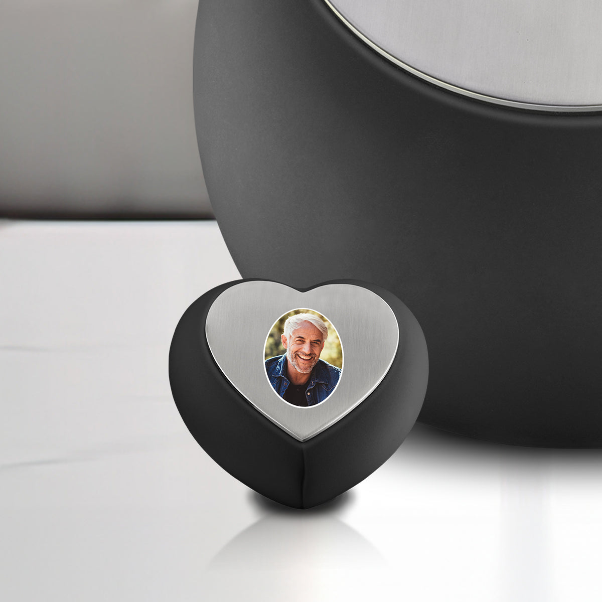 Drop Heart Portrait Keepsake Urn Black & Brushed Pewter
