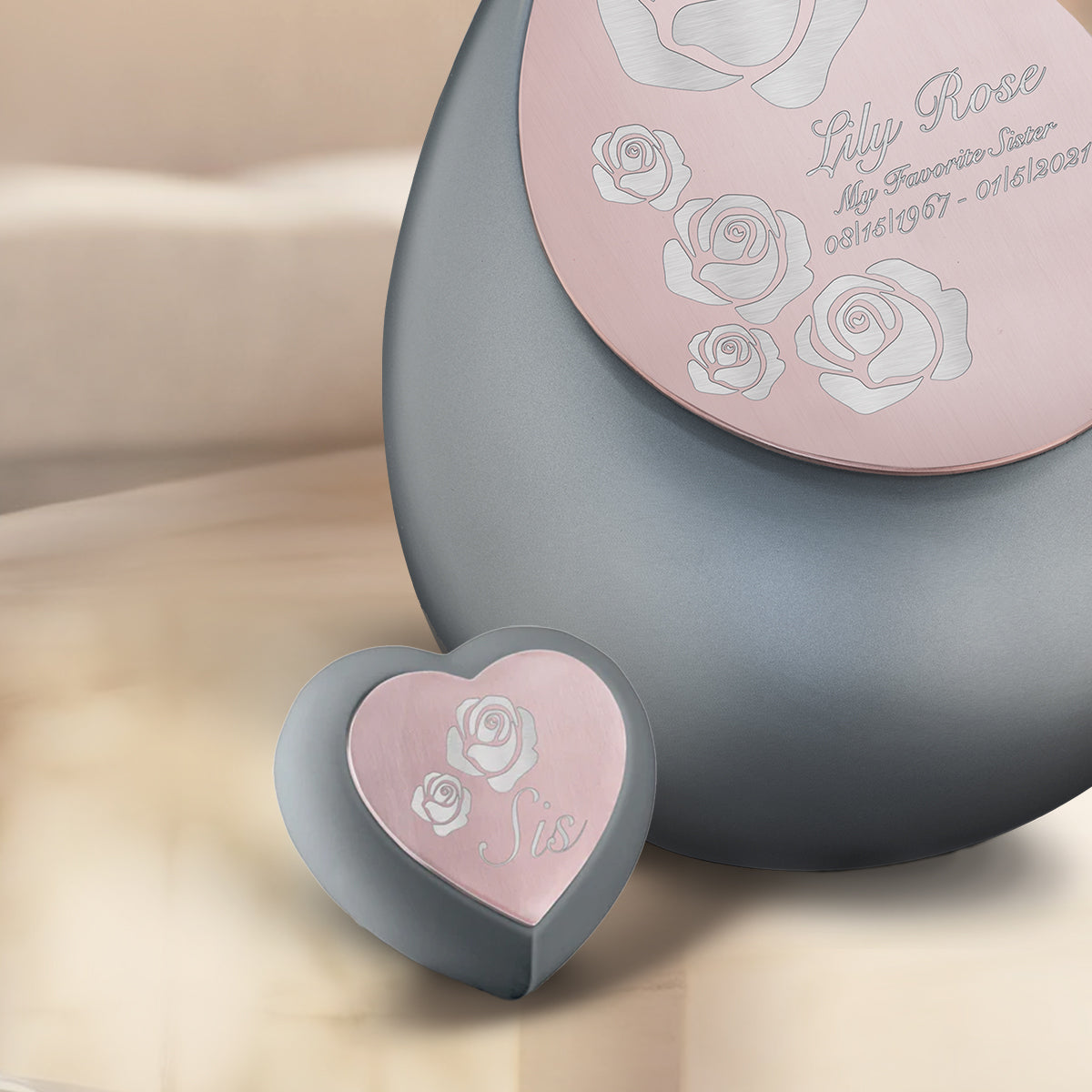 Drop Heart Keepsake Urn French Grey & Brushed Rose Gold