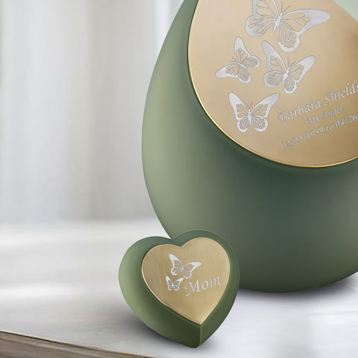 Drop Heart Keepsake Urn Sage Green & Brushed Gold