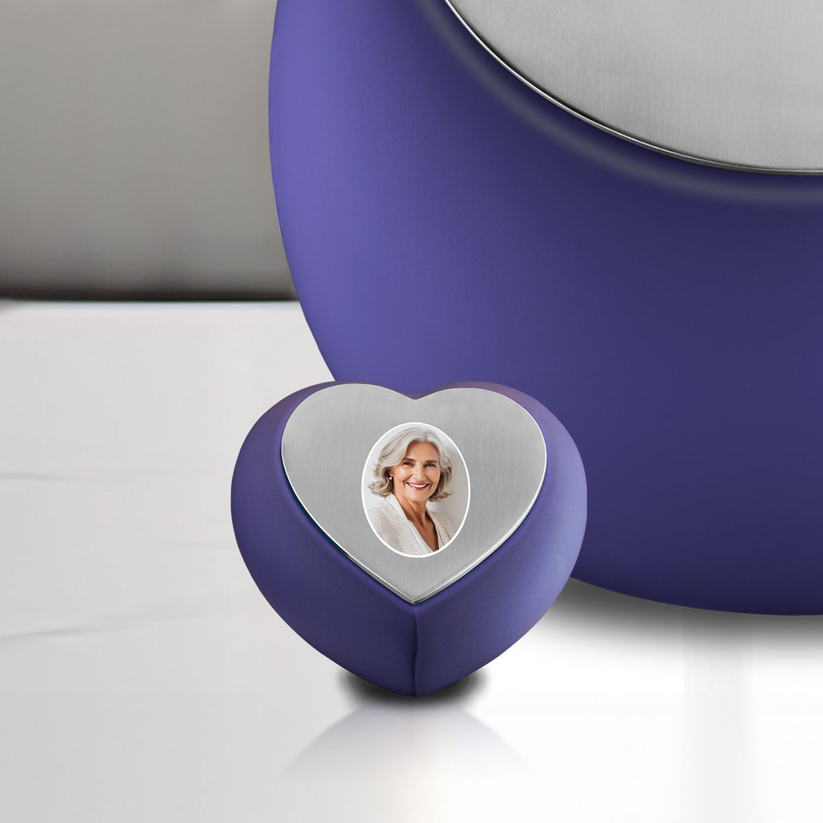 Drop Heart Keepsake Portrait Urn Navy & Brushed Pewter