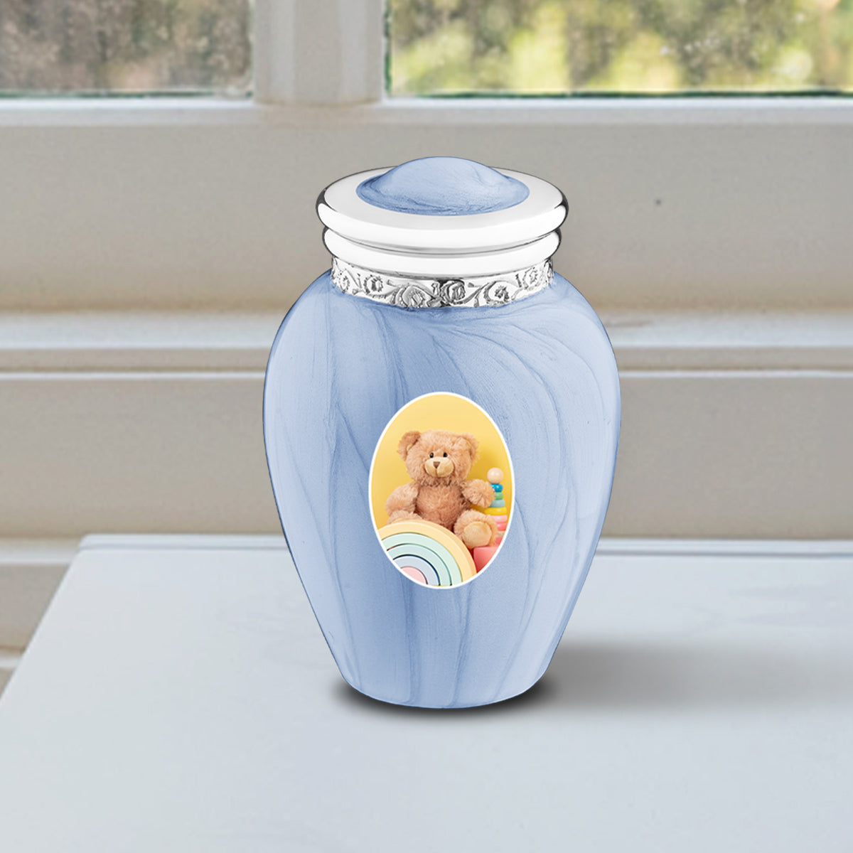 Blessing Keepsake Portrait Urn Pearl Blue & Polished Silver