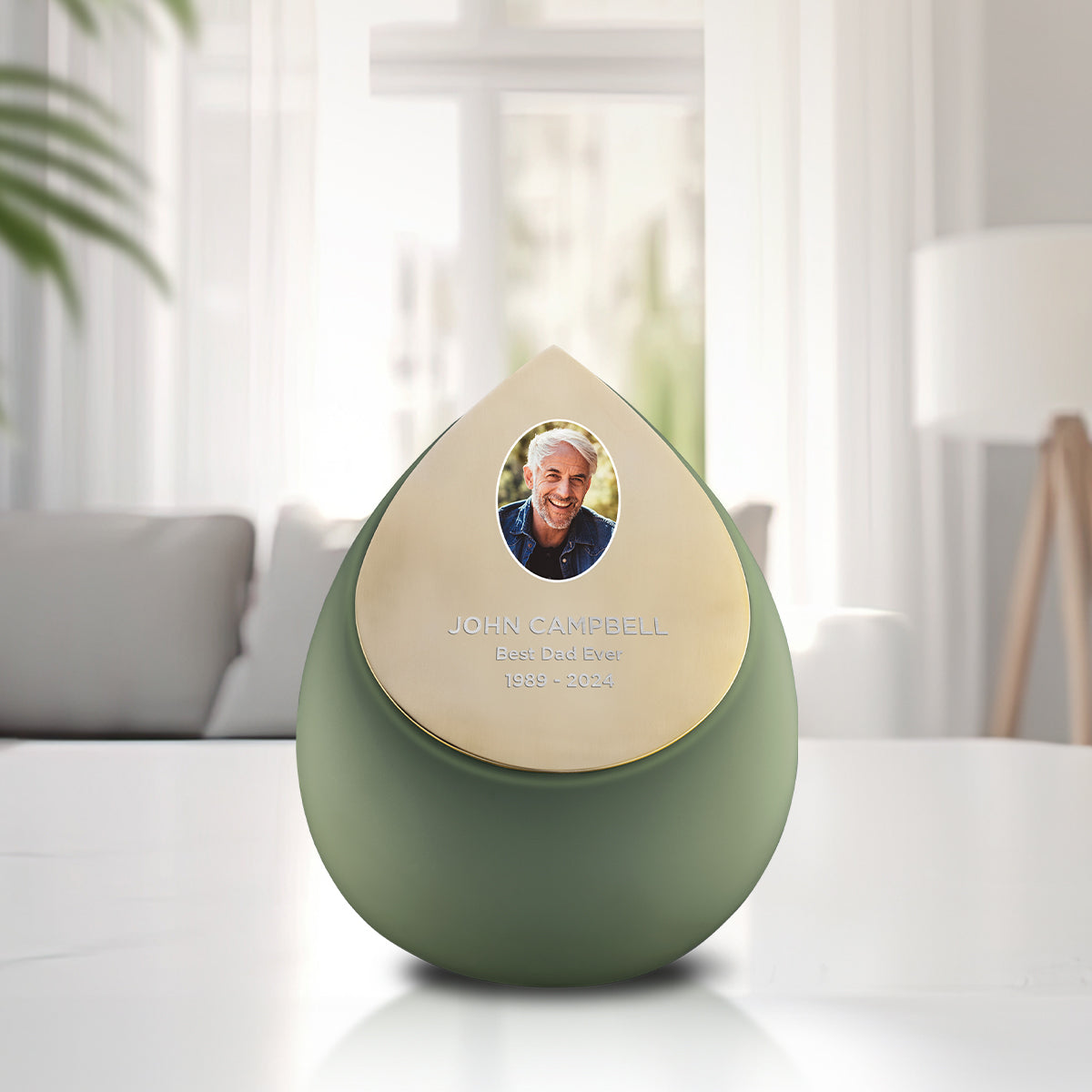 Drop Medium Portrait Urn Sage Green & Brushed Gold