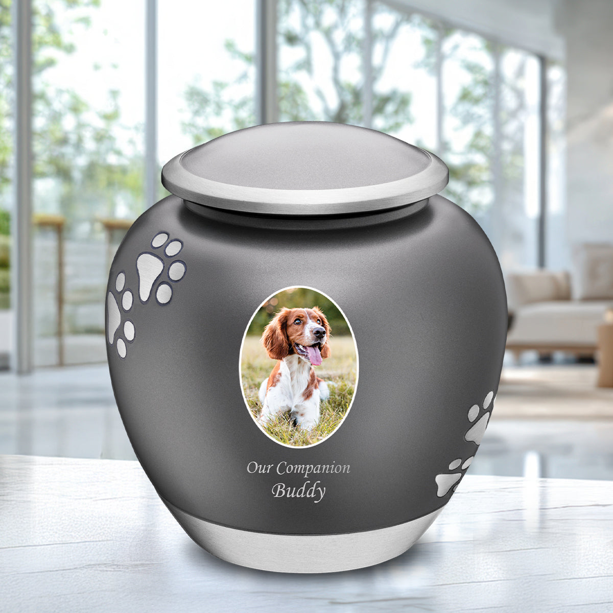 Shadow Medium Portrait Pawprint Pet Urn French Grey & Bru Pewter