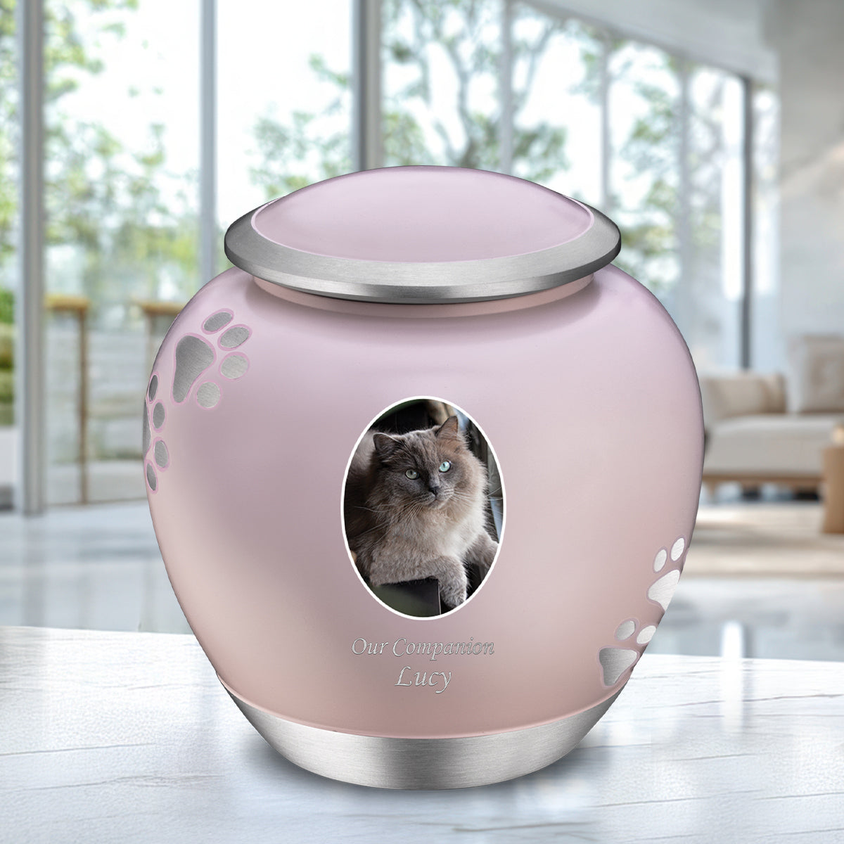 Shadow Medium Portrait Pawprint Pet Urn Pink & Bru Pewter