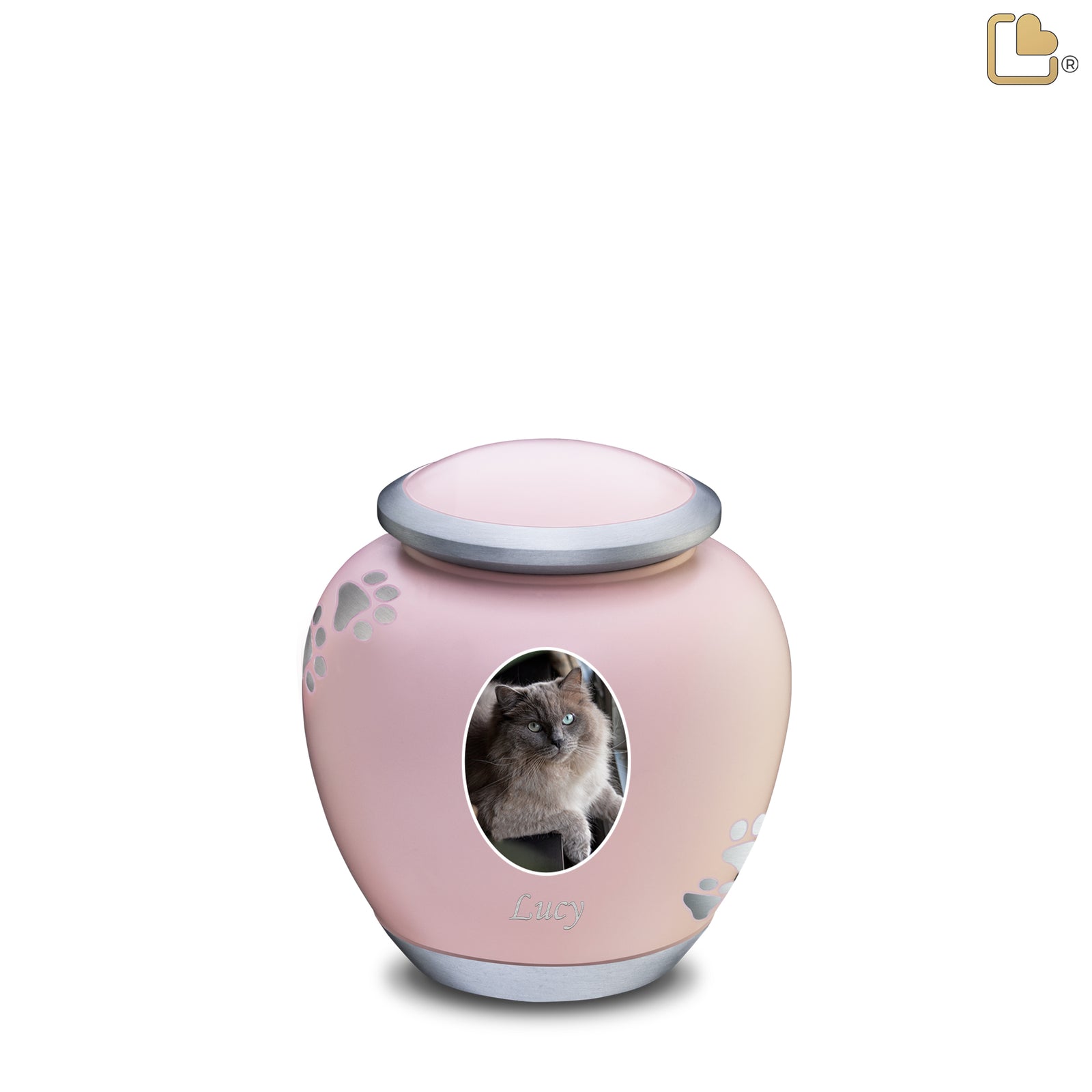 Shadow Small Portrait Pawprint Pet Urn Pink & Brushed Pewter