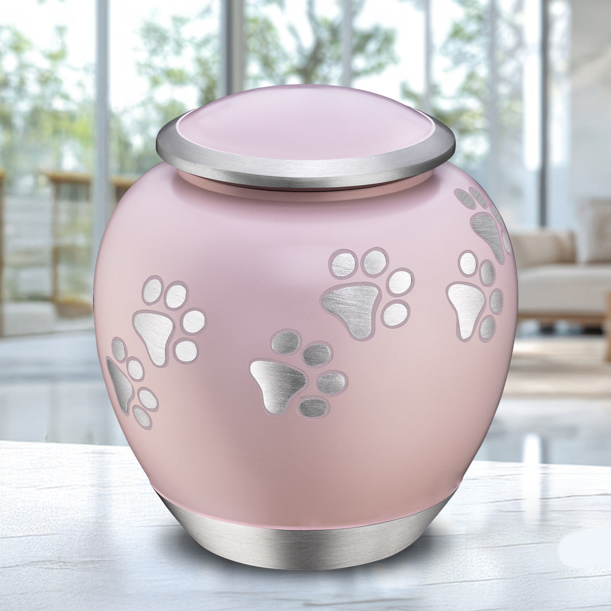 Shadow Small Pawprint Pet Urn Pink & Brushed Pewter