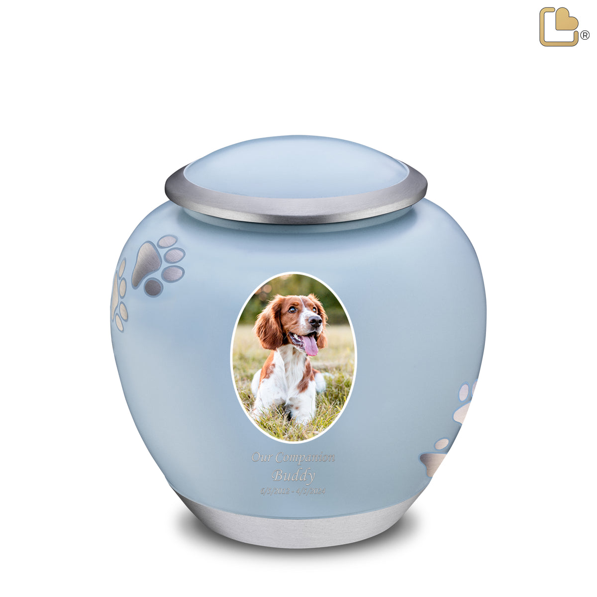 Shadow Large Portrait Pawprint Pet Urn Blue & Bru Pewter