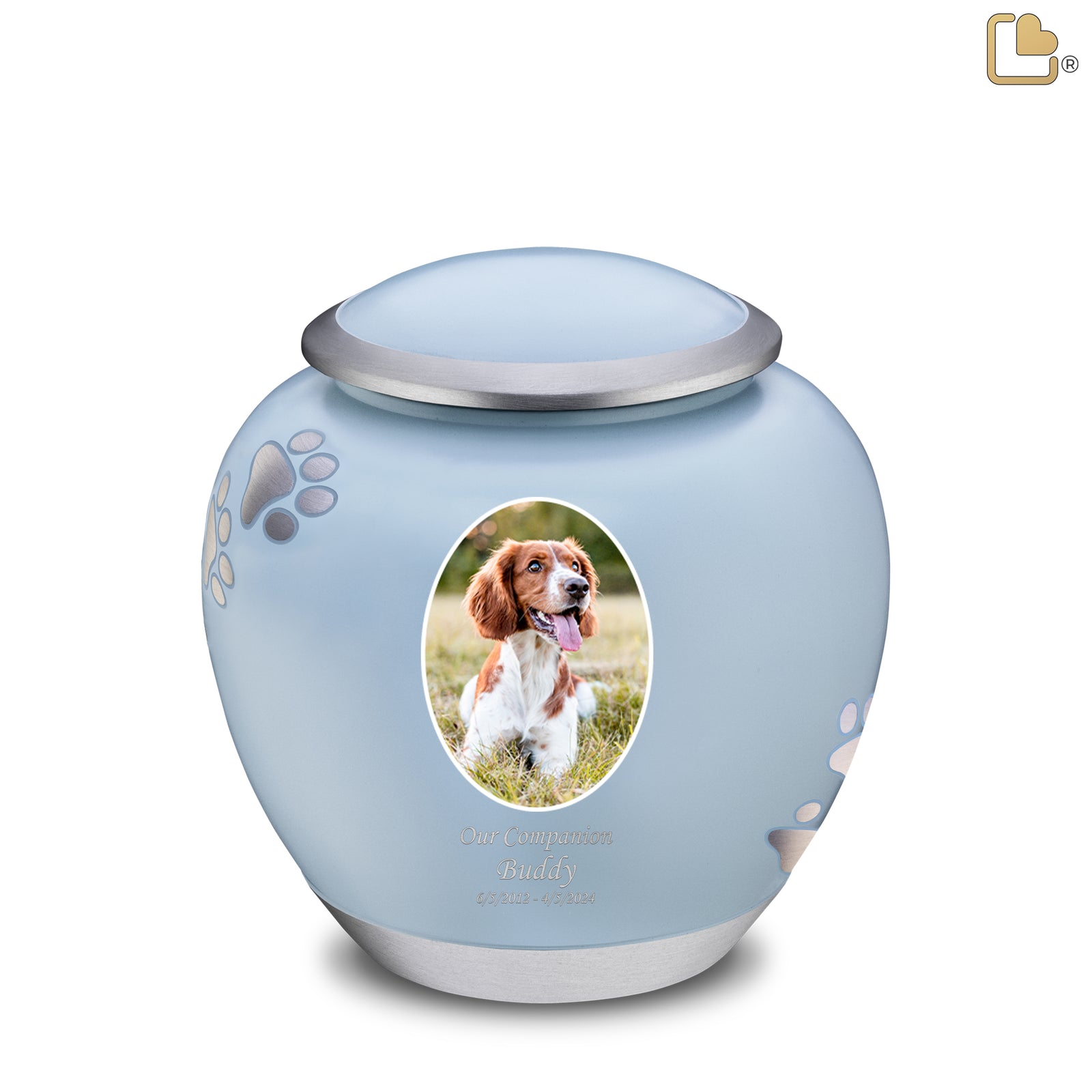 Shadow Large Portrait Pawprint Pet Urn Blue & Bru Pewter