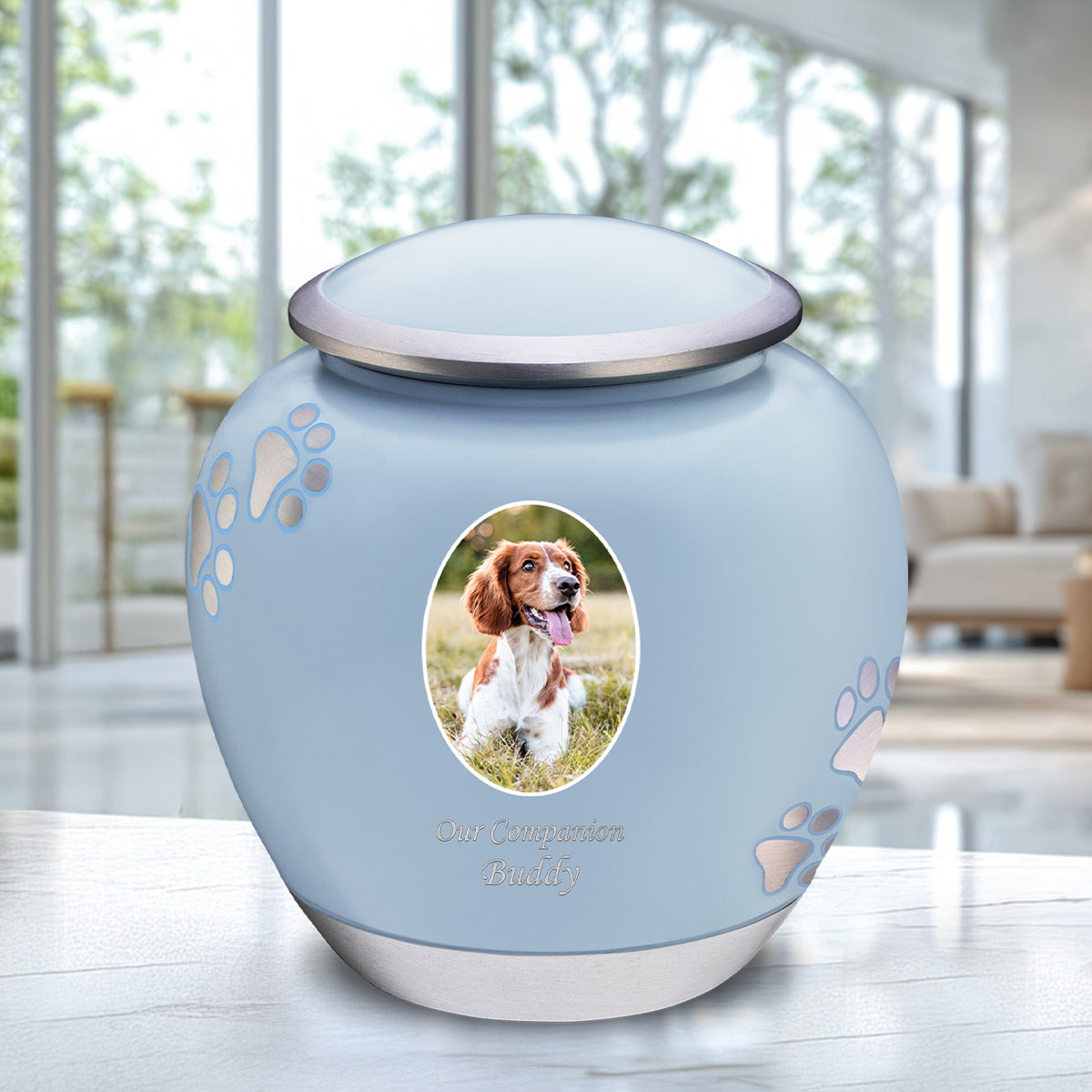 Shadow Medium Portrait Pawprint Pet Urn Blue & Bru Pewter
