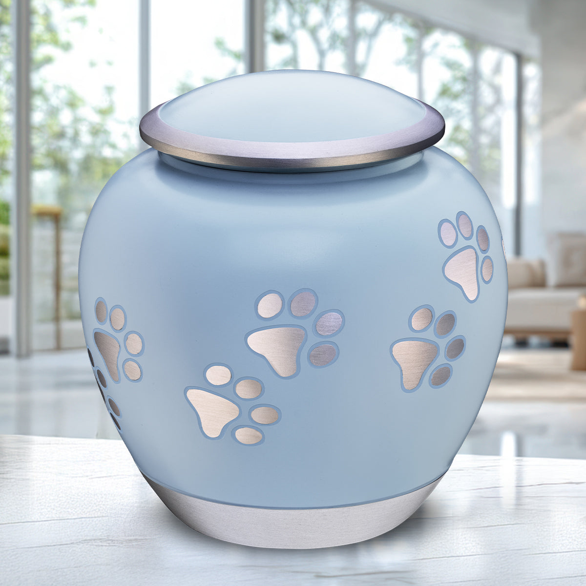 Shadow Medium Pawprint Pet Urn Blue & Bru Pewter