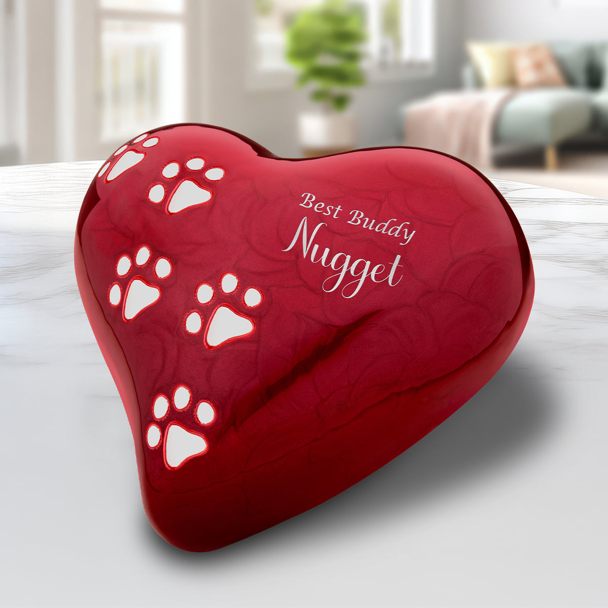 Large Heart Pet Urn Pearl Red & Brushed Pewter