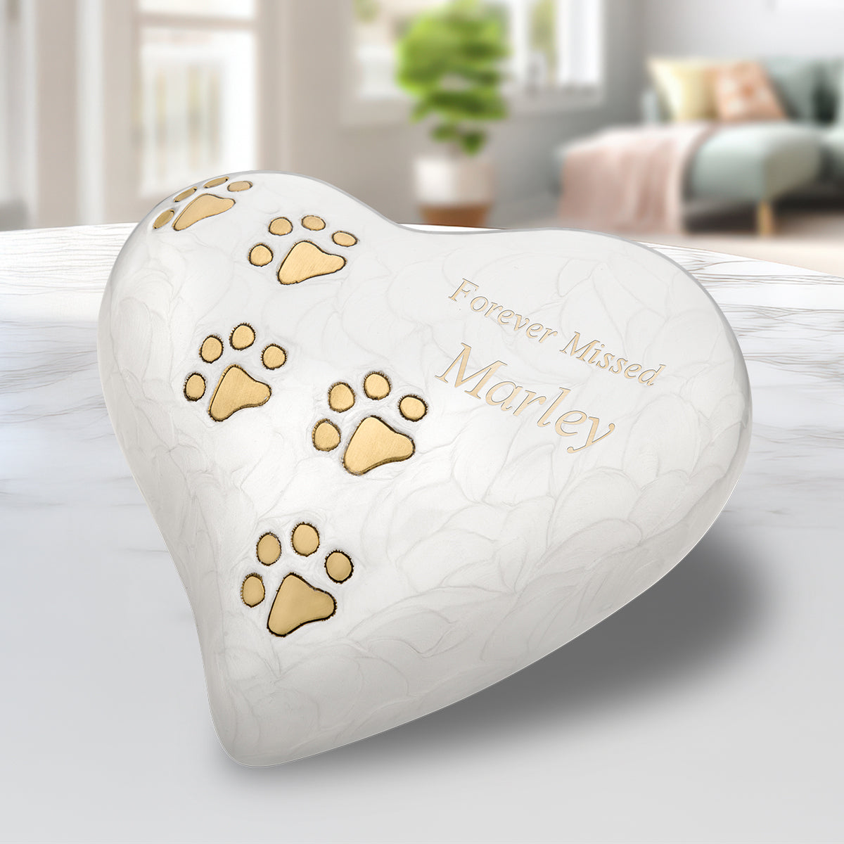 Large Heart Pet Urn Pearl White & Brushed Gold