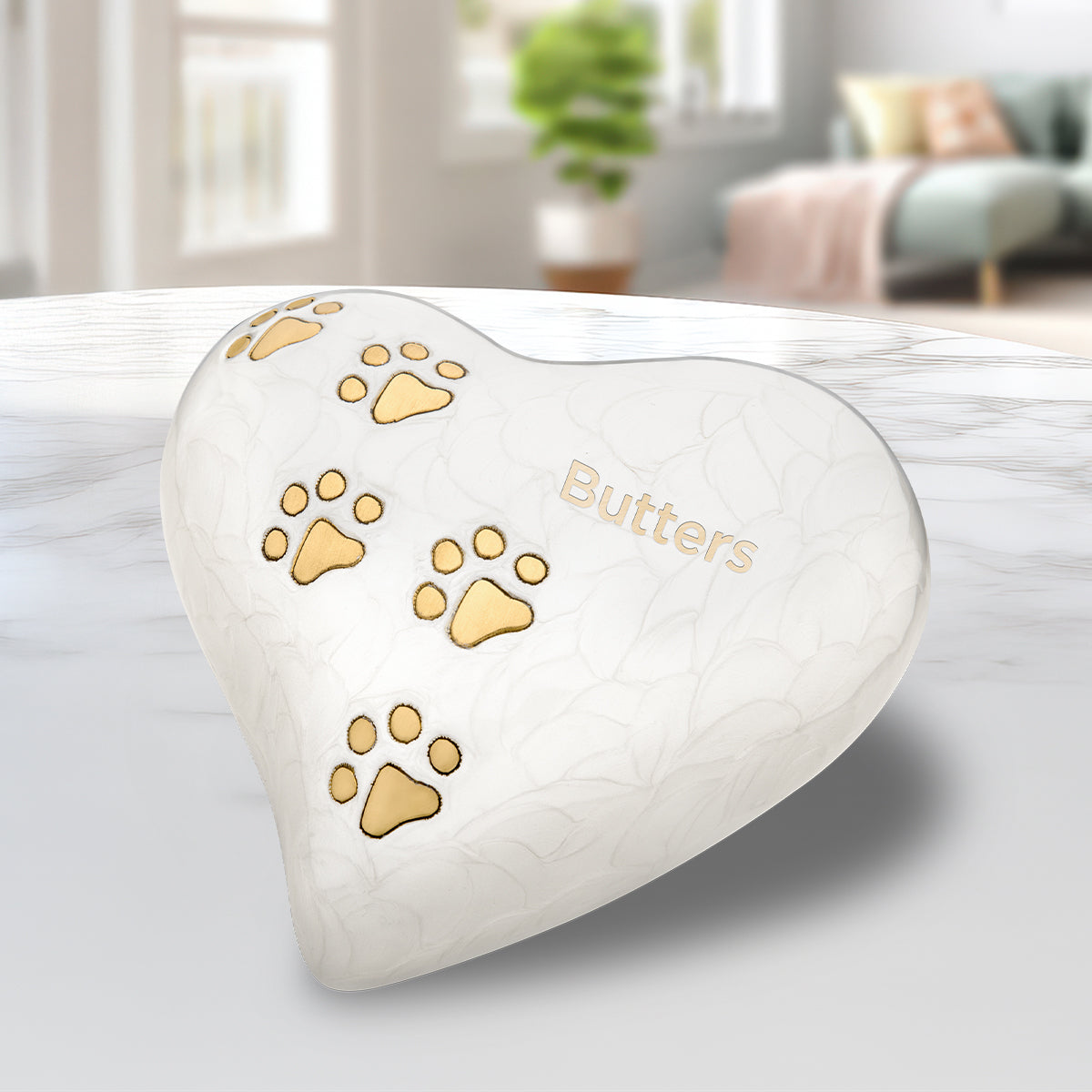 Medium Heart Pet Urn Pearl White & Brushed Gold