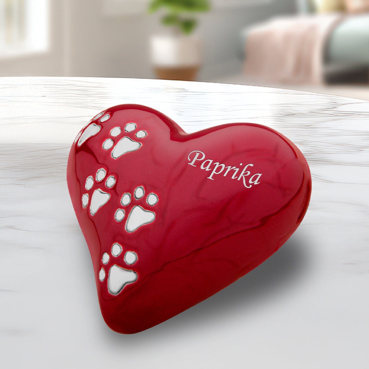 Keepsake Heart Pet Urn Pearl Red & Brushed Pewter