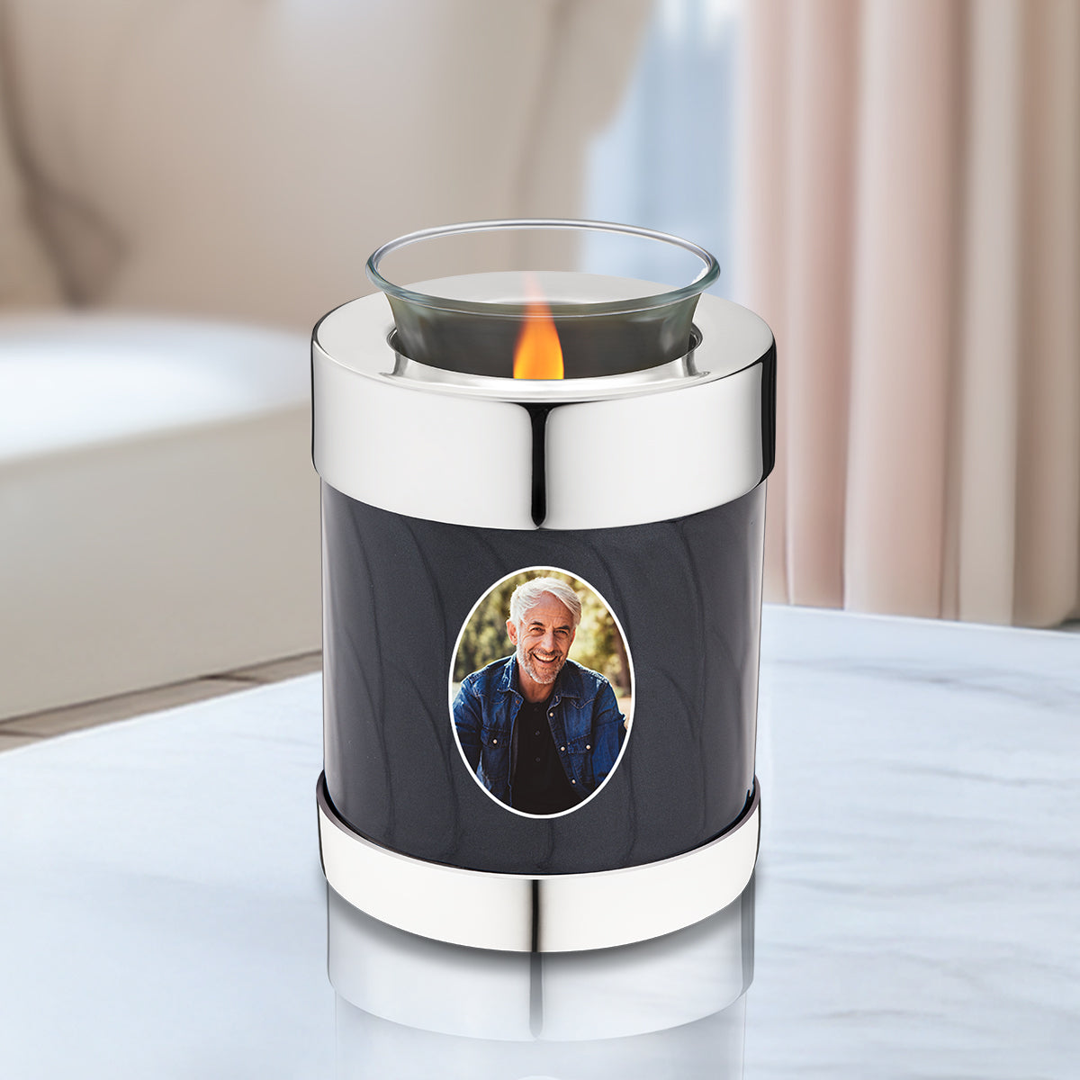 Tealight Portrait Midnight Pearl Silver Cremation Urn