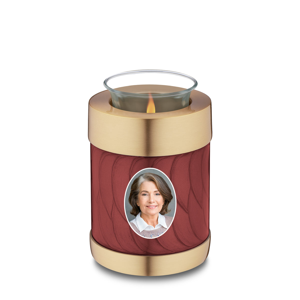 Tealight Portrait Pearl Crimson &amp; Brushed Gold Cremation Urn
